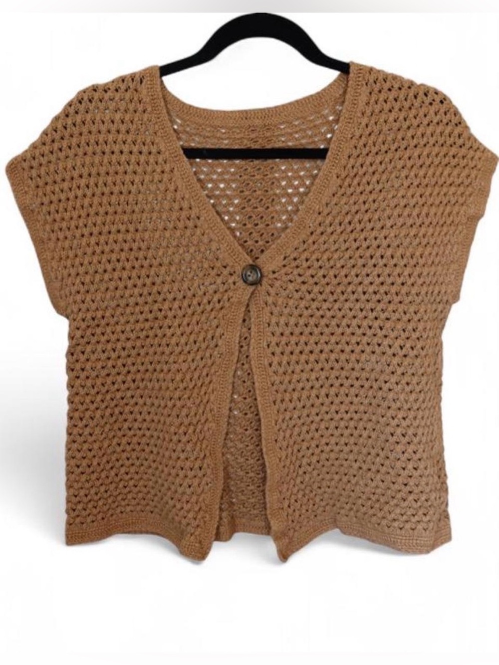 Tan Linen & Cotton Crochet Cardigan
